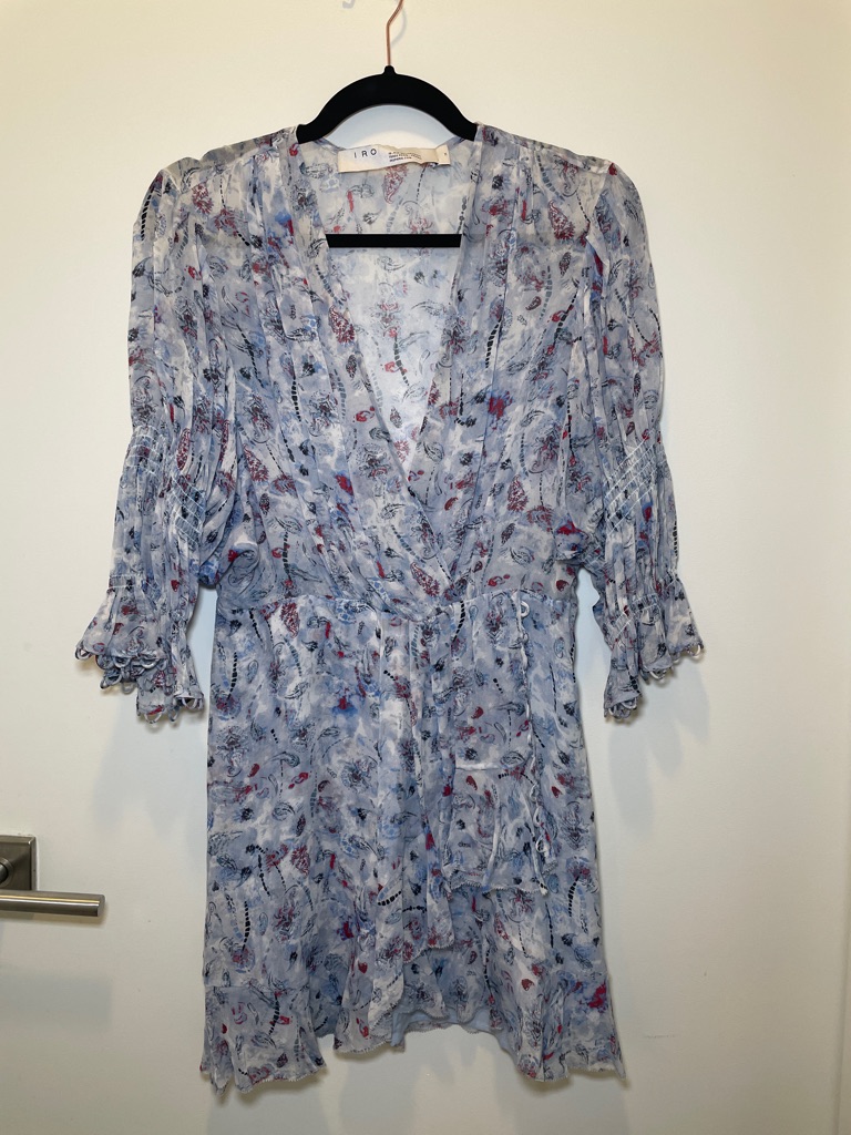Iro Pale Blue Floral Wrap Dress With Red Accents
